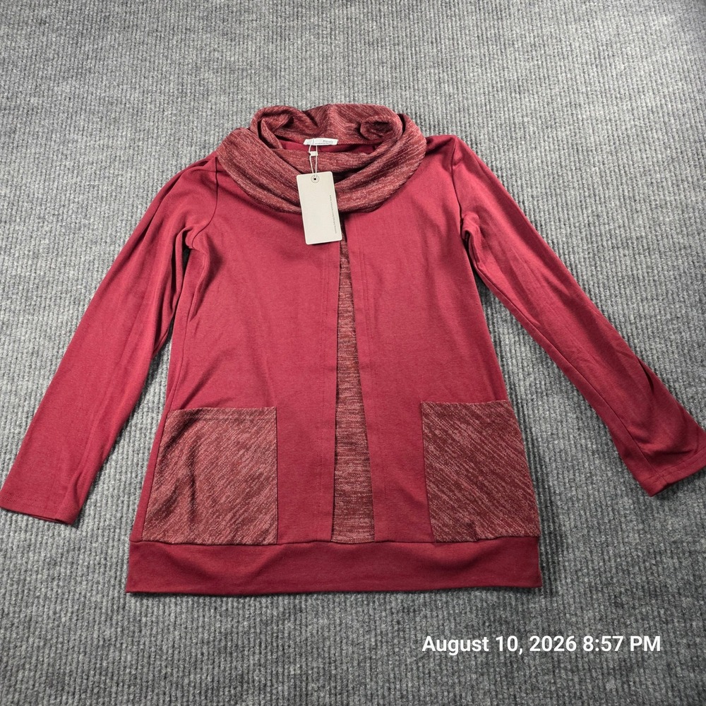 Messic Womens Cowl Neck Tunic Top Burgundy Space Dye Pocket Pullover Medium NEW
